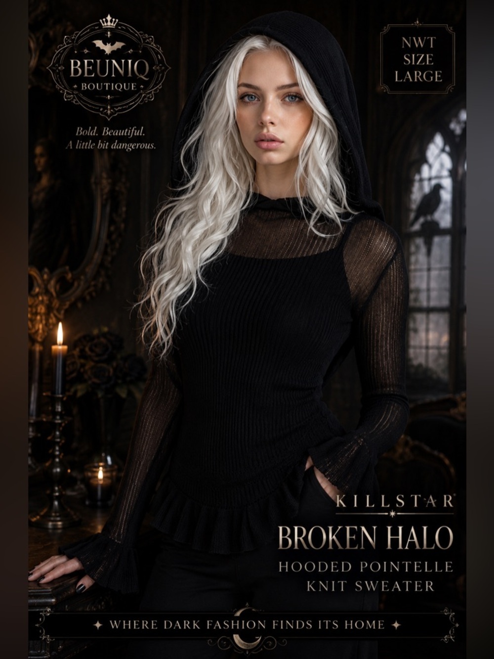 NWT Killstar Broken Halo Hooded Pointelle Knit Sweater Black Size Large
